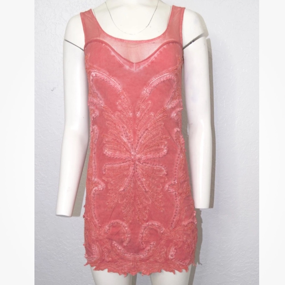 Free People Dress SP Ice Ice Baby Beaded Mesh Sleeveless Mini Vintage Red Wash
